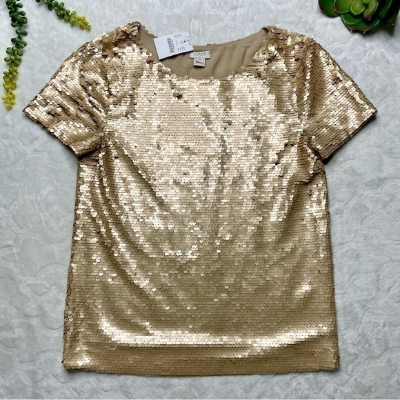 J. Crew Factory Tops - J. Crew Factory Matte Gold Full Sequin Short Sleeve T-Shirt Top Blouse NWT XXS